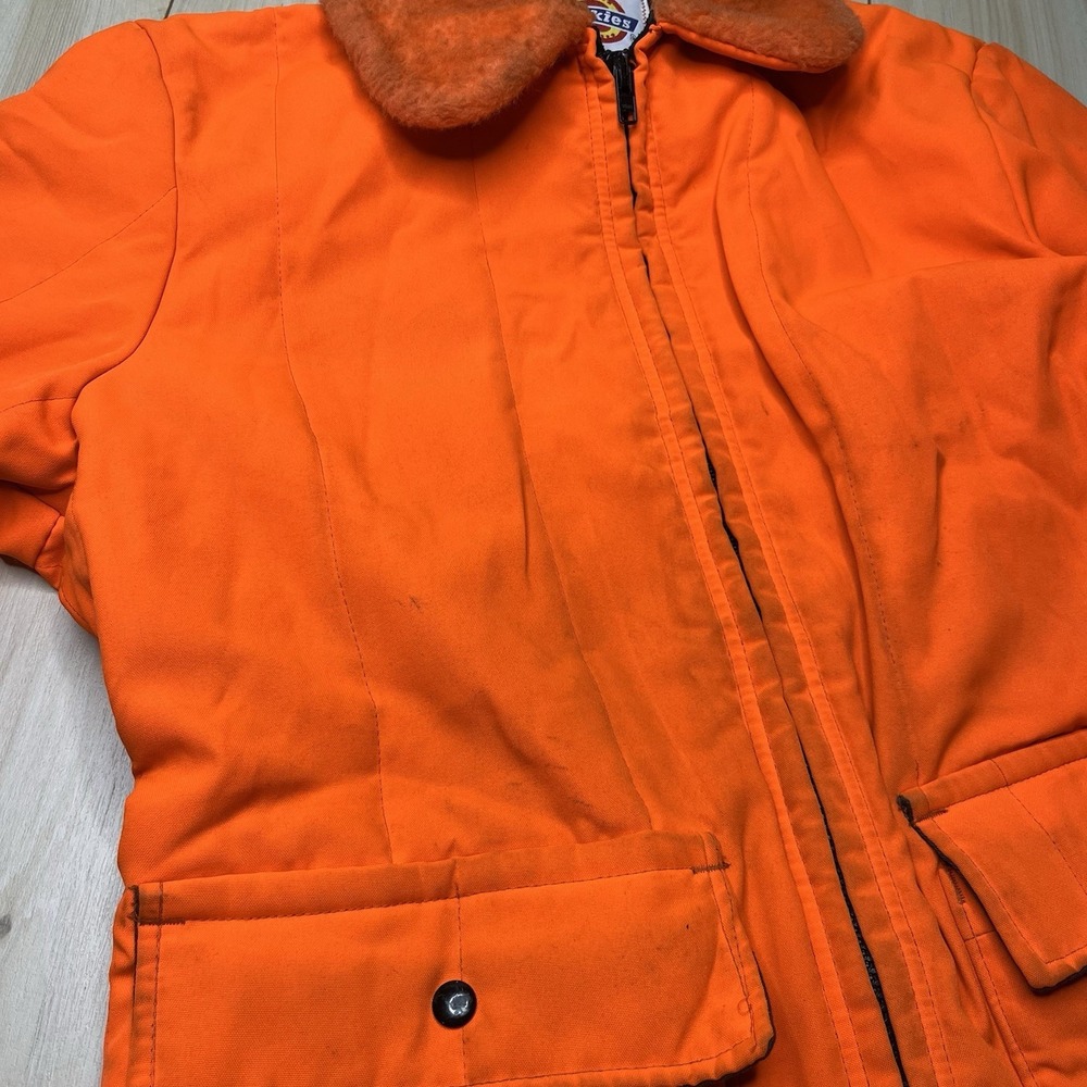 VTG Dickies Hunting Jacket Mens Large Orange Quilted Fur Collar Made In USA - Picture 10 of 13